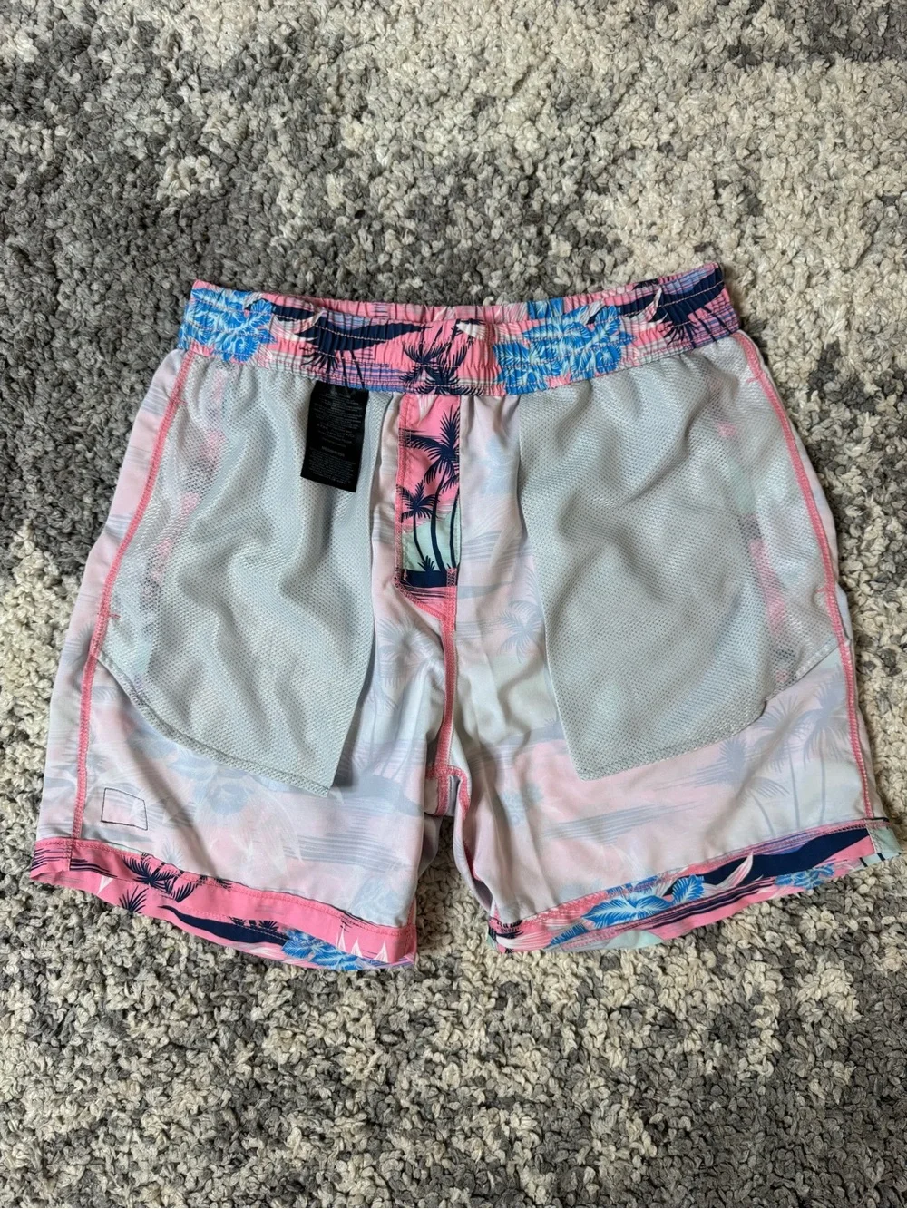 Hurley, Men’s Pink and Blue Tropical Floral Palm Tree Print Swim Shorts, Medium